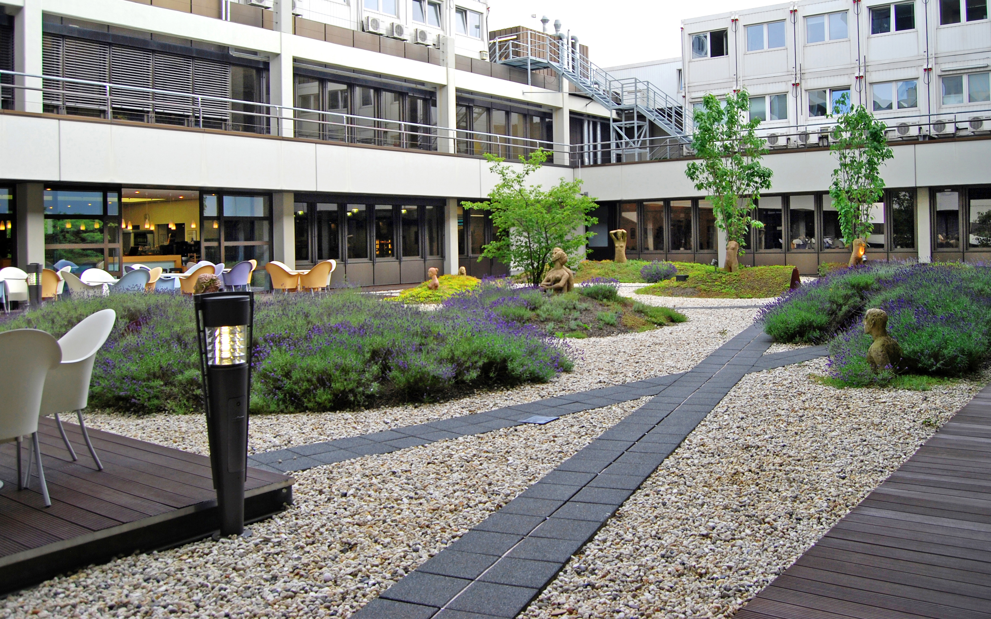Courtyards with walkways and plant beds