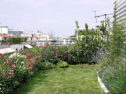 Roof garden with lawn, lavender and Oleander